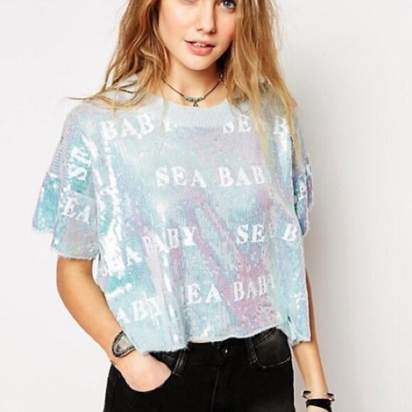 Wildfox White Label Sea Babe Sequin Cropped T Shirt Size XS - Picture 1 of 8